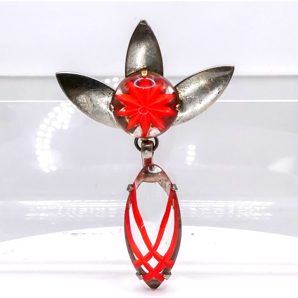 Art Deco Clear Lucite Reverse Carved Metal Brooch Pin Red 3" Drop Dangle Vintage